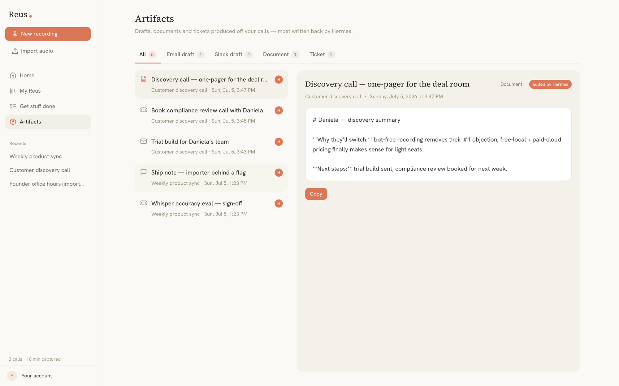 The Artifacts view: a filterable master list of drafts, documents and tickets on the left and the selected artifact with a Copy button on the right.