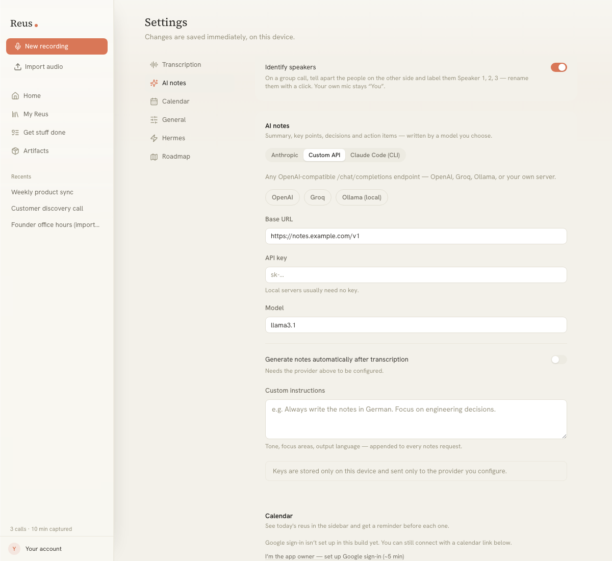 AI notes settings with Custom API selected, showing provider presets, a custom Base URL, optional API key, model, automatic generation and custom instructions.