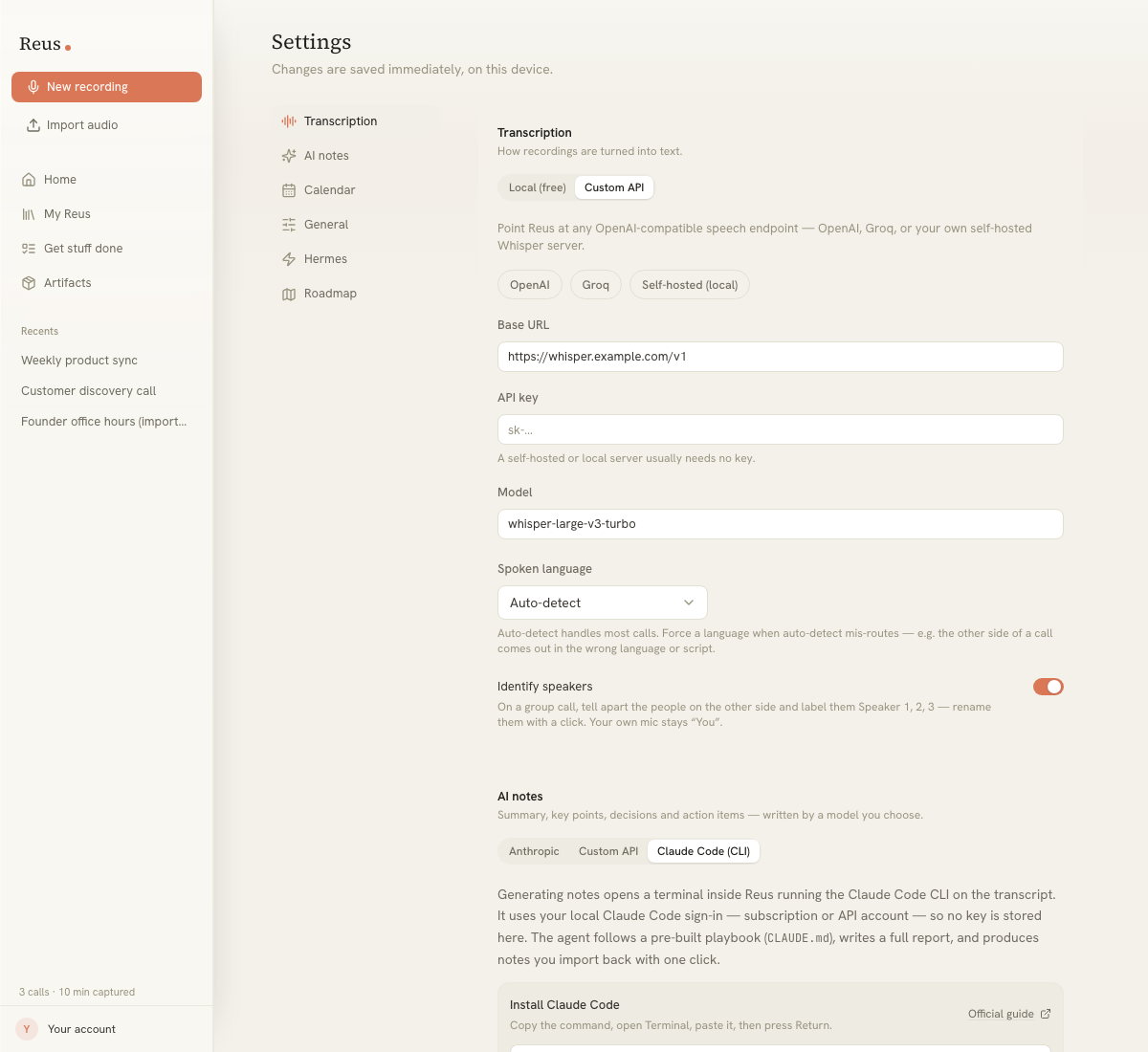 Transcription settings with Custom API selected, showing hosted and self-hosted presets plus the Base URL, optional API key, model, language and speaker controls.