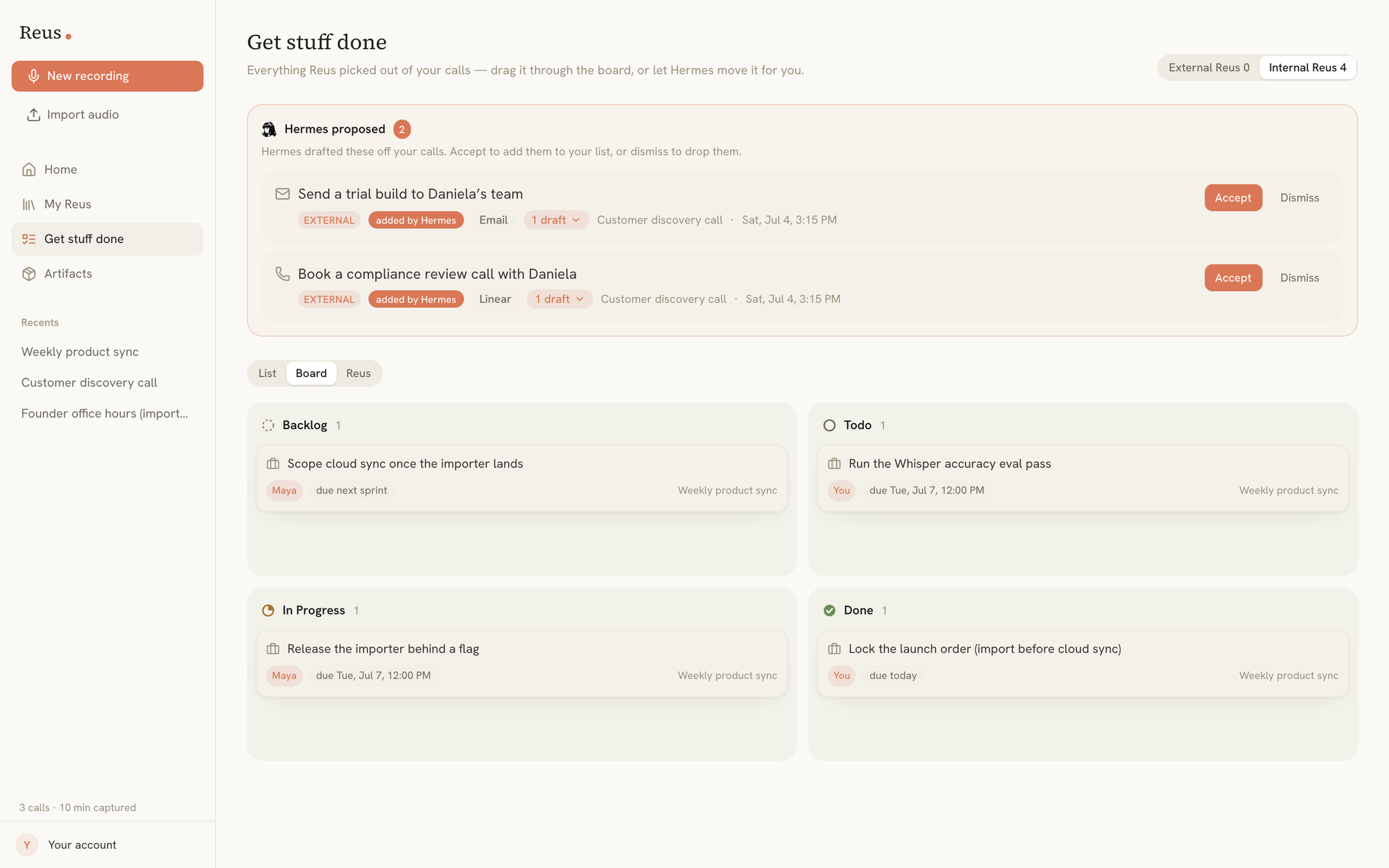 Get stuff done in Board view, with Backlog, Todo, In Progress and Done columns each holding a card with an owner and a due-date chip, plus the List / Board / Reus switcher.