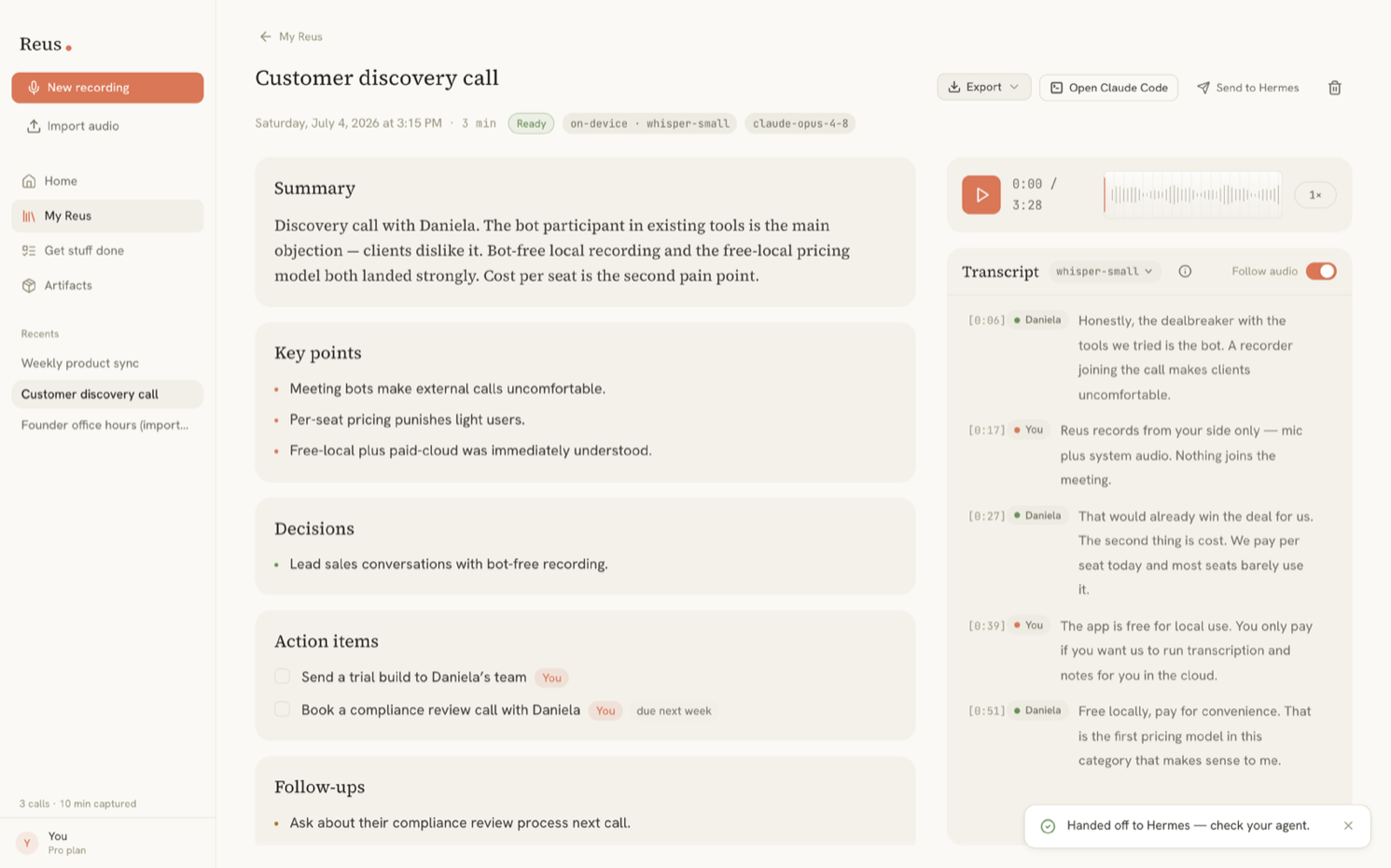 Send to Hermes button in the meeting header, with the success toast reading "Handed off to Hermes — check your agent."