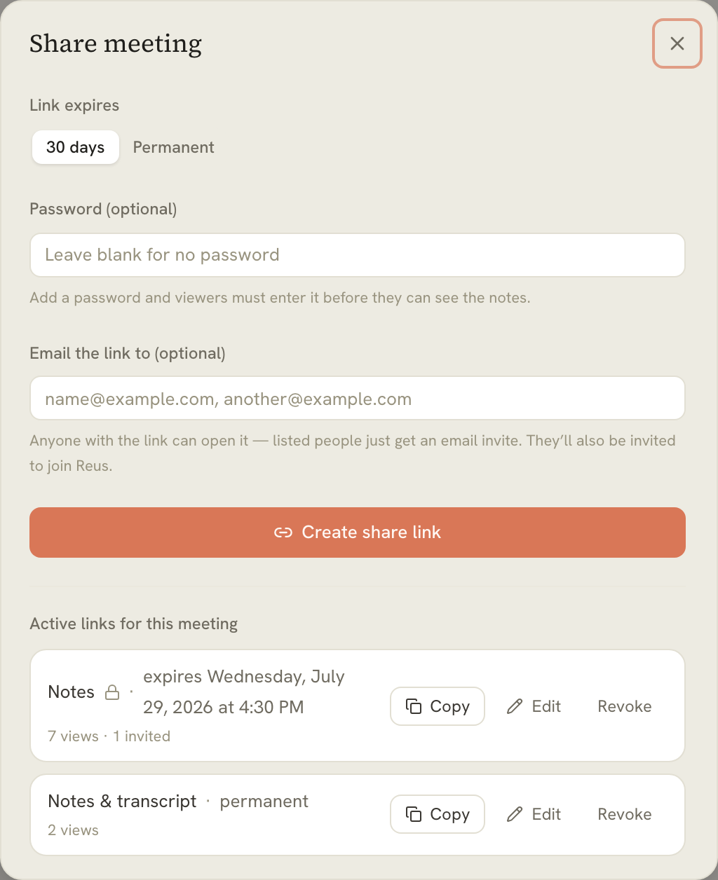 The Share meeting dialog showing the optional password field on the create form and the active links list, with a lock badge on the password-protected link and a Copy button on each link.